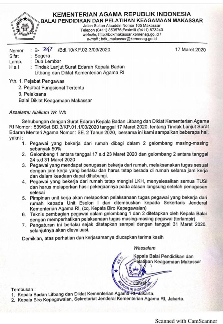 Kepala BDK Makassar menghimbau Pegawai BDK Makassar memperhatikan SE Kemenag RI tentang Kewaspadaan Dini dan Antisipasi Covid -19